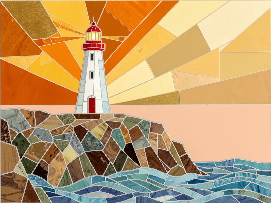 A windswept lighthouse on a rugged cliff during a golden sunset.