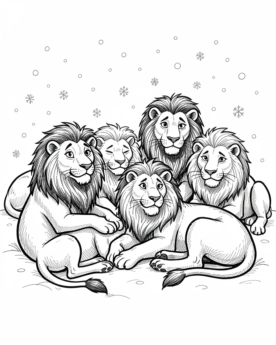 A pride of lions resting during a gentle snowfall.