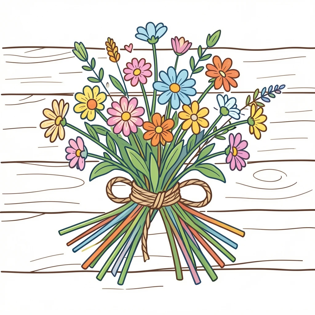 A bunch of wildflowers tied with twine resting on a rustic wooden table.