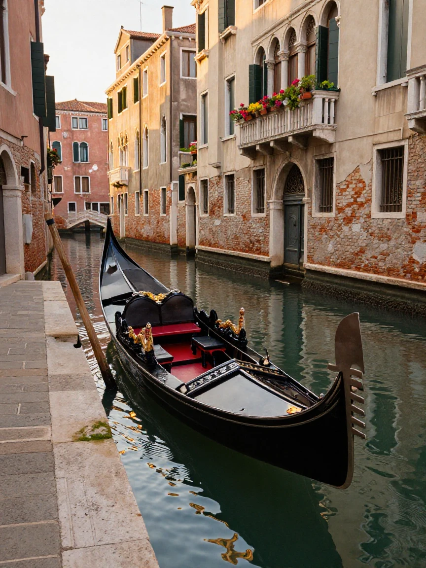 A traditional gondola parked along a quiet Venice canal