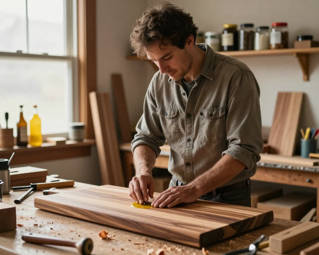 A woodworker rubs oil finish into a handmade cutting board.