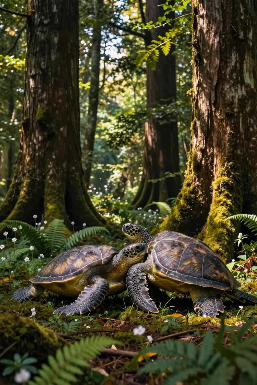 A sea turtle grooming one another with great care beneath the canopy of an ancient forest