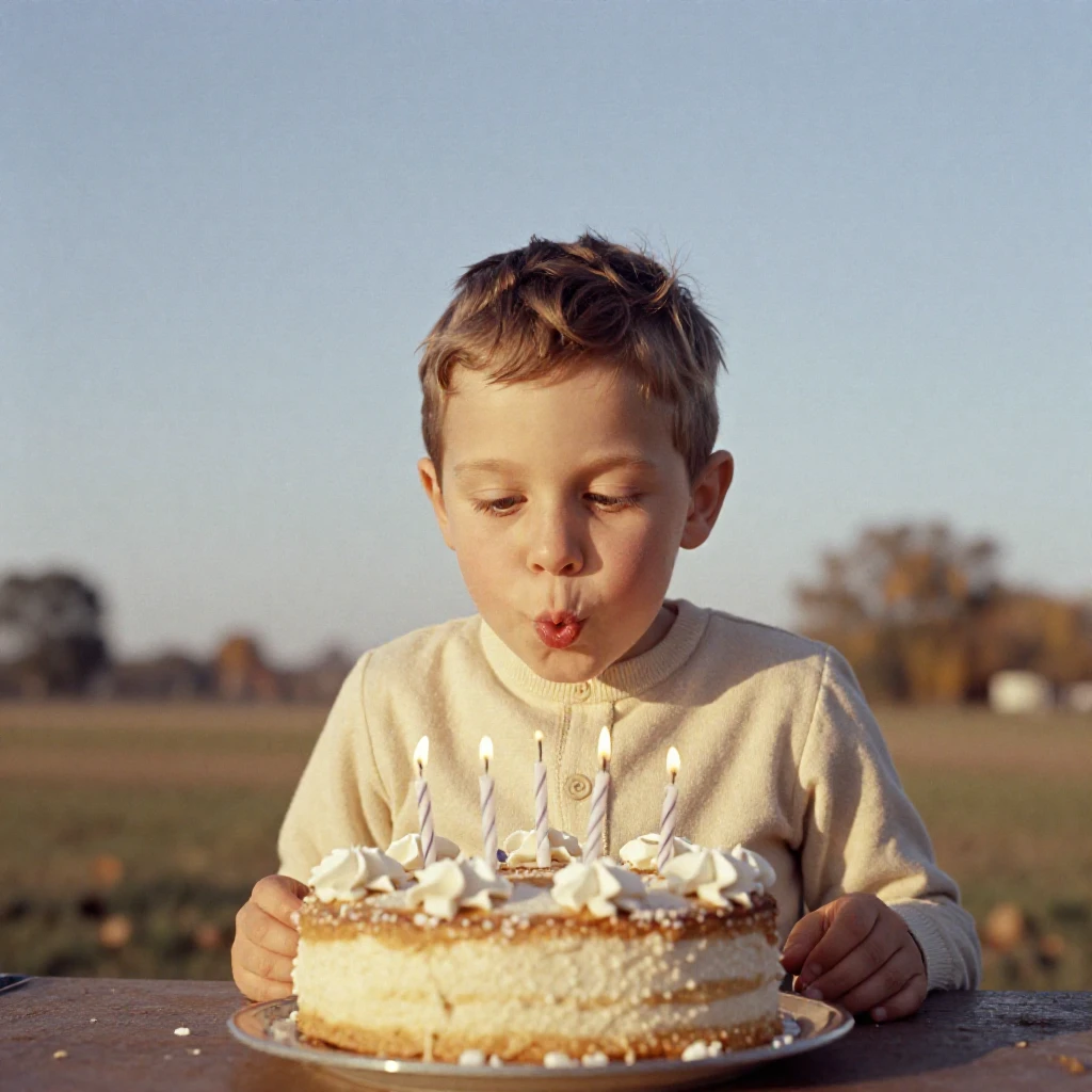 A child blowing out candles on a homemade birthday cake, in gentle diffused daylight, on a clear, cloudless day, in late autumn, in warm honey and cream tones, at eye level, intimate and direct.