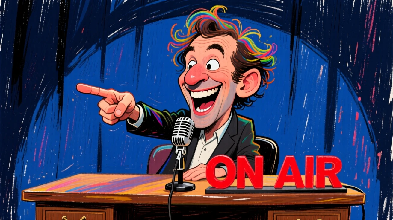 A grinning fictional late-night comedian pointing at the camera mid-punchline behind a desk.