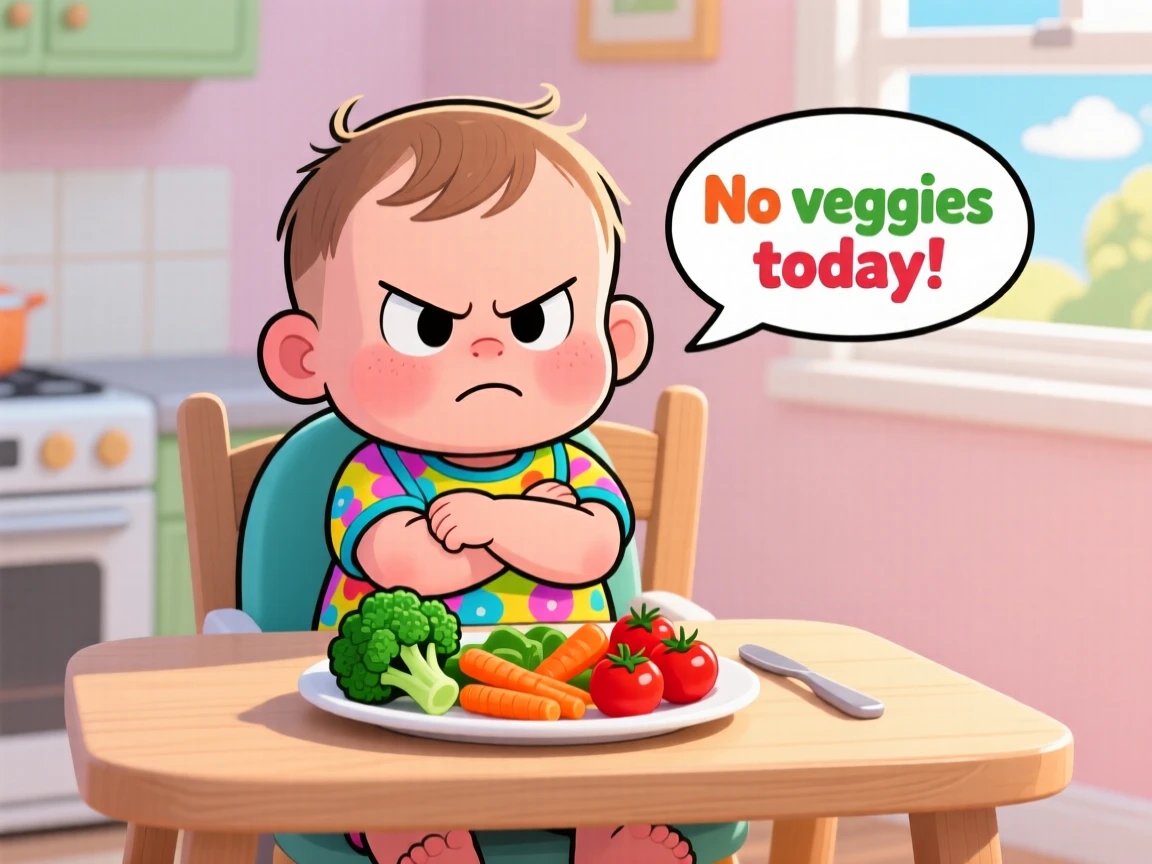 A funny expressive moment showing a toddler stubbornly refusing to eat vegetables, arms crossed and lips pursed defiantly.