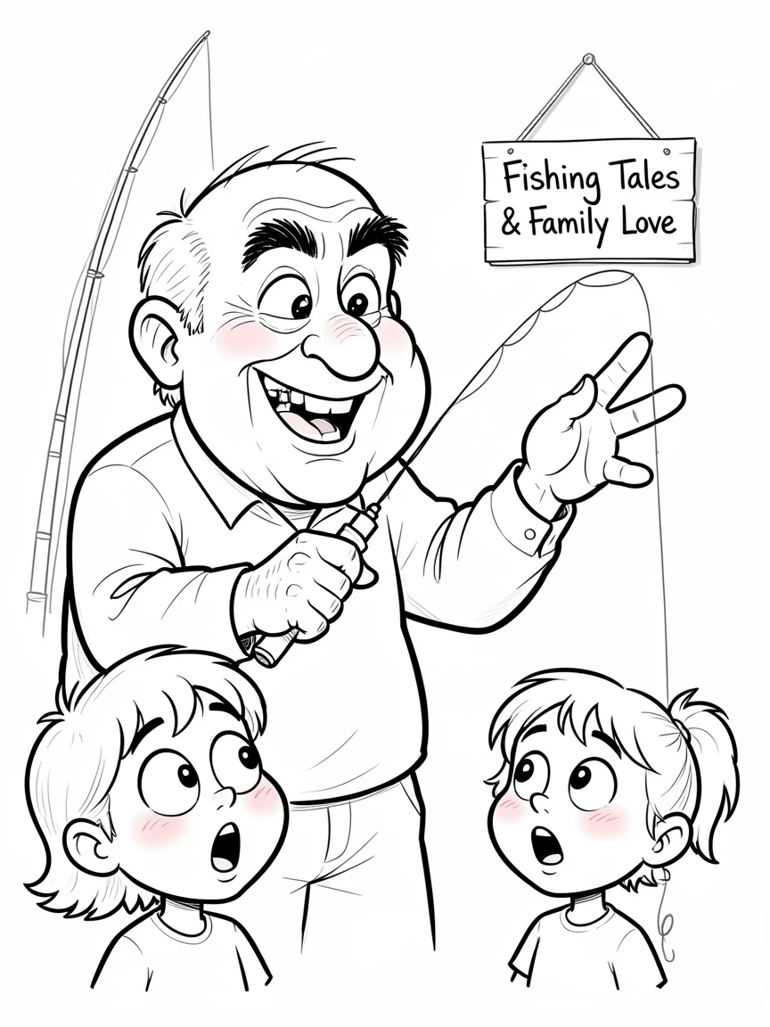 [Family & Relationship Moments] Heartwarming scene of grandpa telling an exaggerated fishing story to wide-eyed grandkids, radiating love and warmth