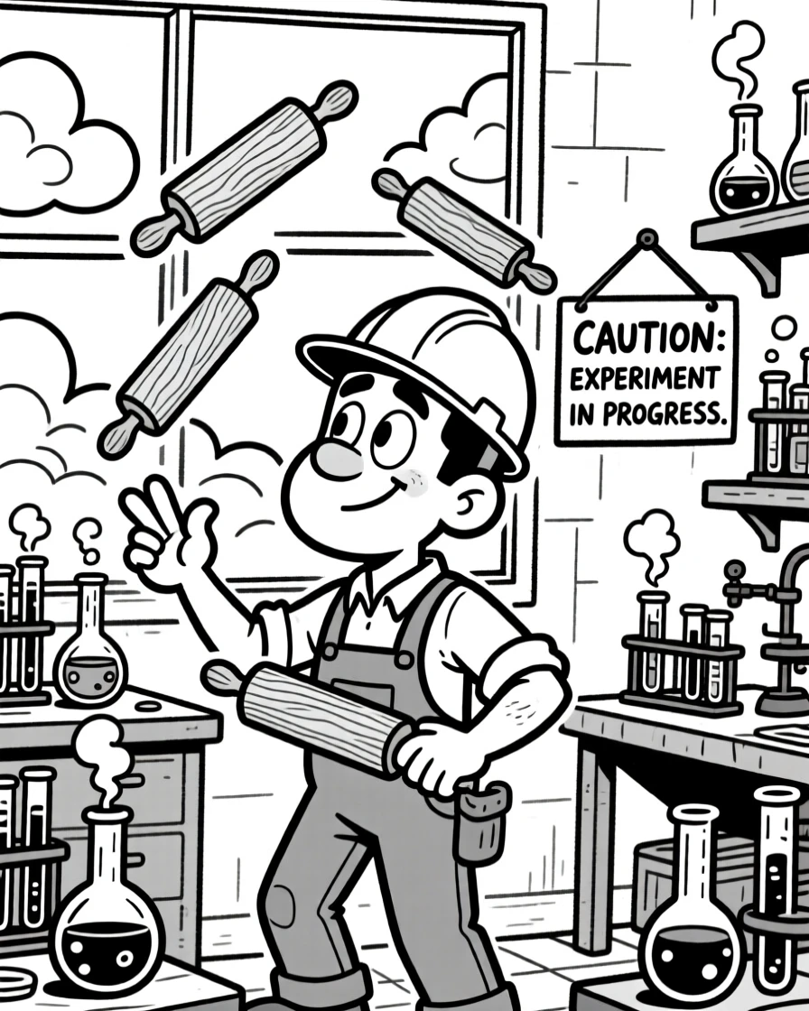 A determined construction worker with a hard hat askew, juggling three rolling pins at once, set in a lab cluttered with bubbling test tubes. Clouds drift lazily past the window. There's pride and humor woven into the moment.