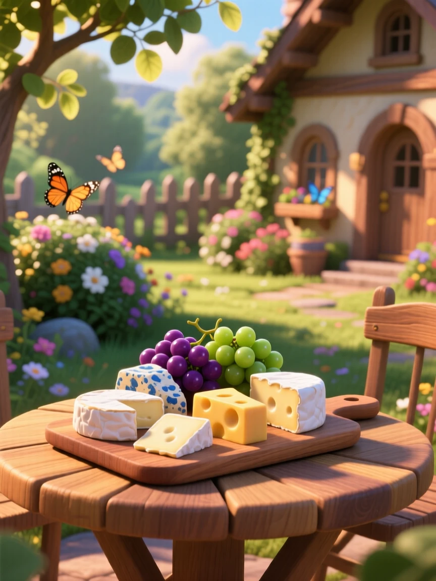 A wooden board of assorted cheeses and grapes sits at a small table overlooking a garden, with sunlight catching the glossy glaze. A comforting, homey feeling fills the moment.