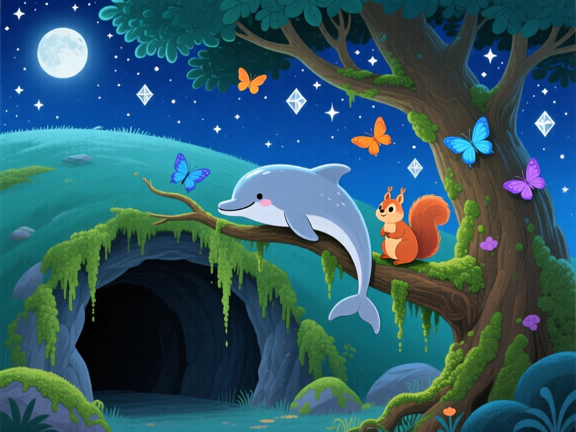 Near the mouth of a mossy cave, a gentle dolphin is watching the stars from a treetop alongside a small woodland friend, while butterflies flutter nearby.