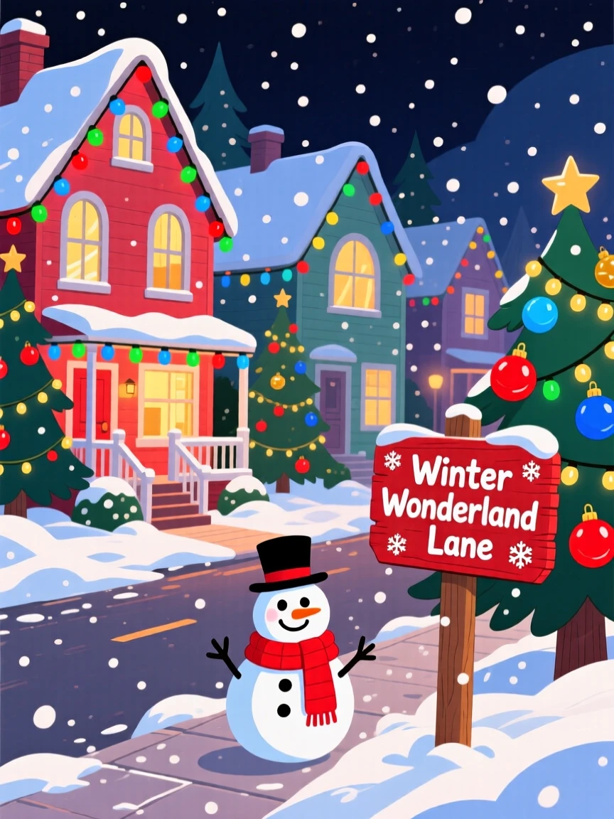 A neighborhood lit up with holiday lights on a snowy street.