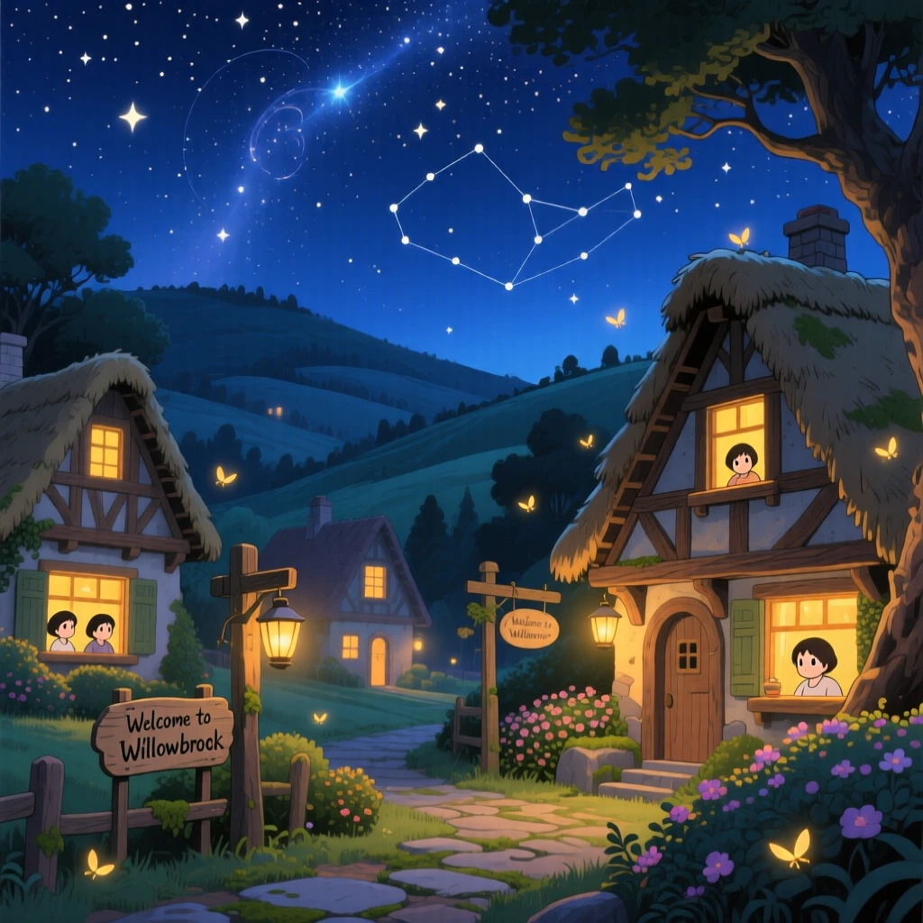 A nighttime scene of a village illuminated by warm window lights beneath a starry sky, peacefully luminous.