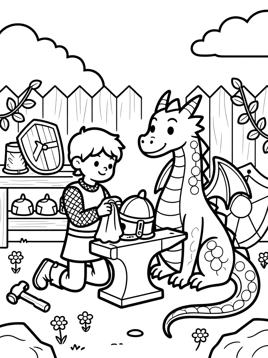 A knight polishing armor beside his loyal dragon friend