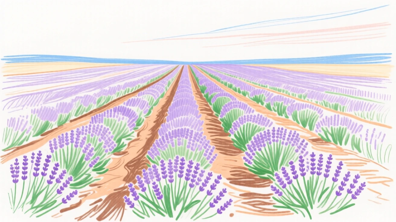 A row of lavender fields stretching to the horizon.