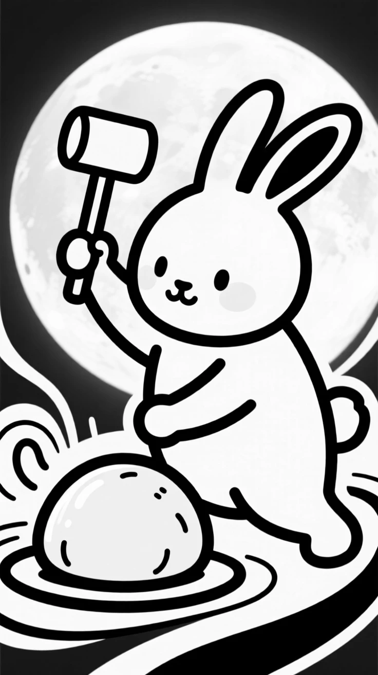 A round moon rabbit character pounding mochi with a tiny mallet.