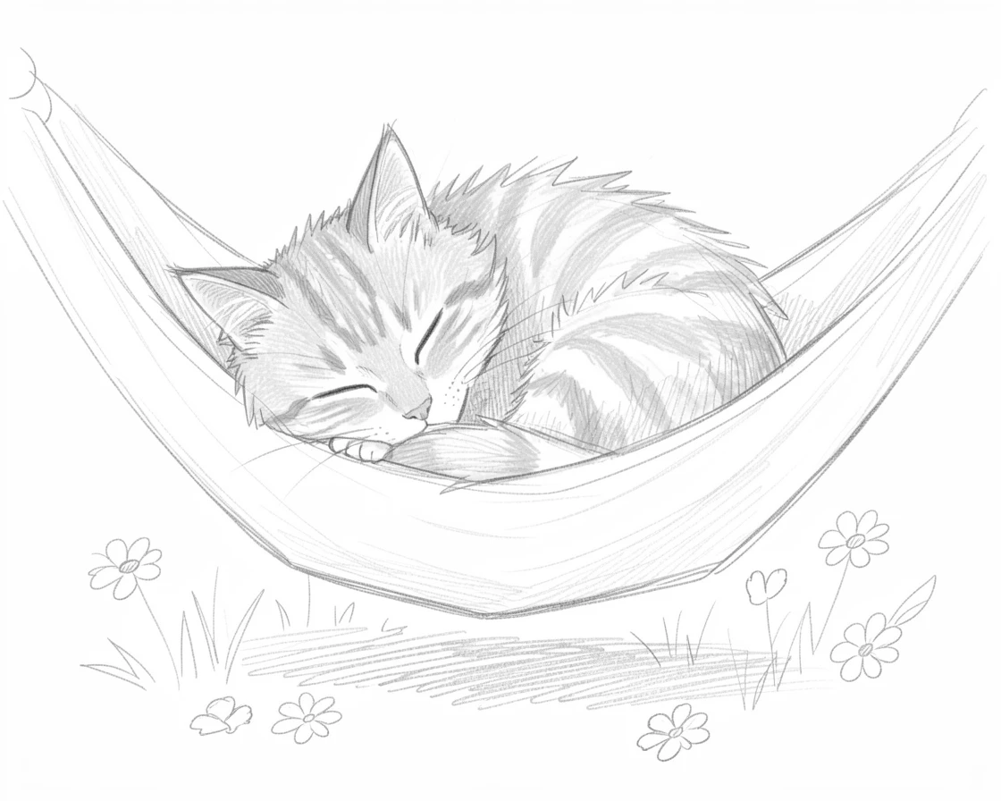An adorable close-up of a fluffy orange tabby cat dozing in a hammock, among scattered wildflower petals.