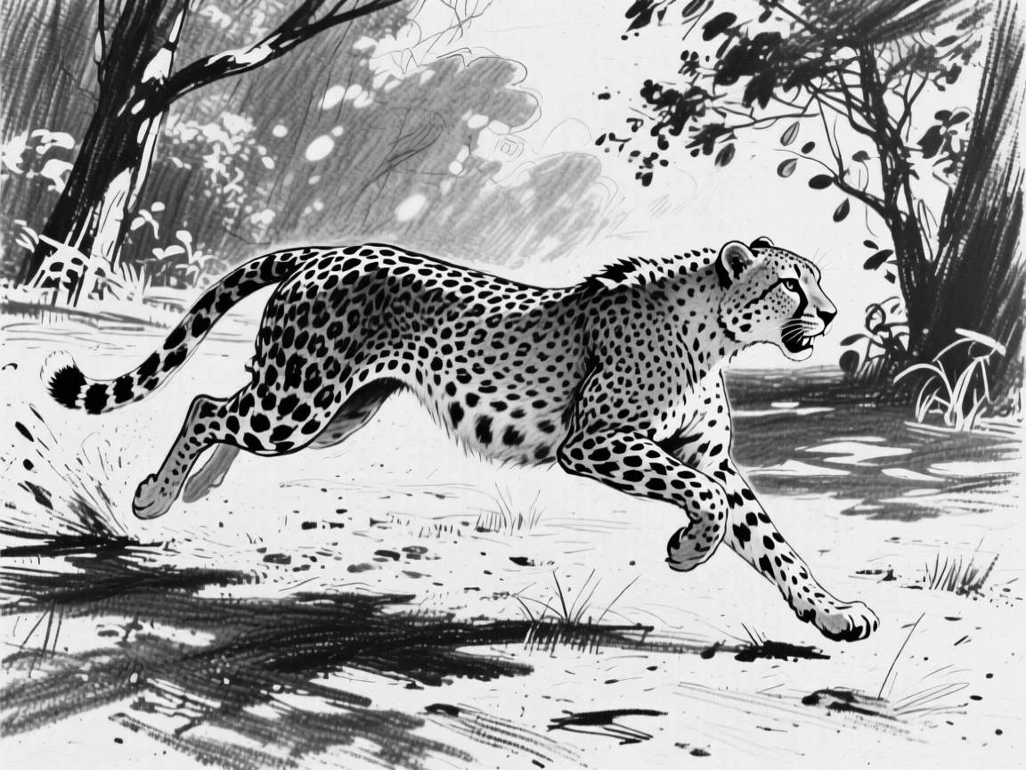 A cheetah mid-sprint playing together in a sun-dappled clearing.