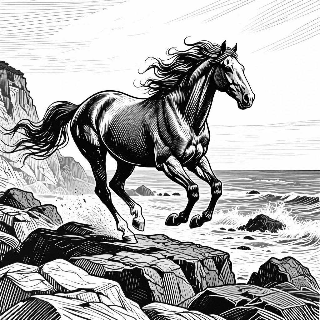 A galloping wild horse along a rocky coastline, its fur catching the light, capturing a noble and powerful moment in nature with a strong, centered focal point.