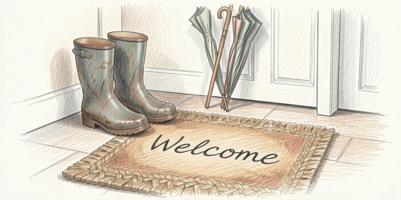 A cozy entryway with rain boots, umbrellas, and a woven welcome mat, with soft shadows and a gentle, lived-in charm, radiating warmth, comfort, and quiet domestic happiness.