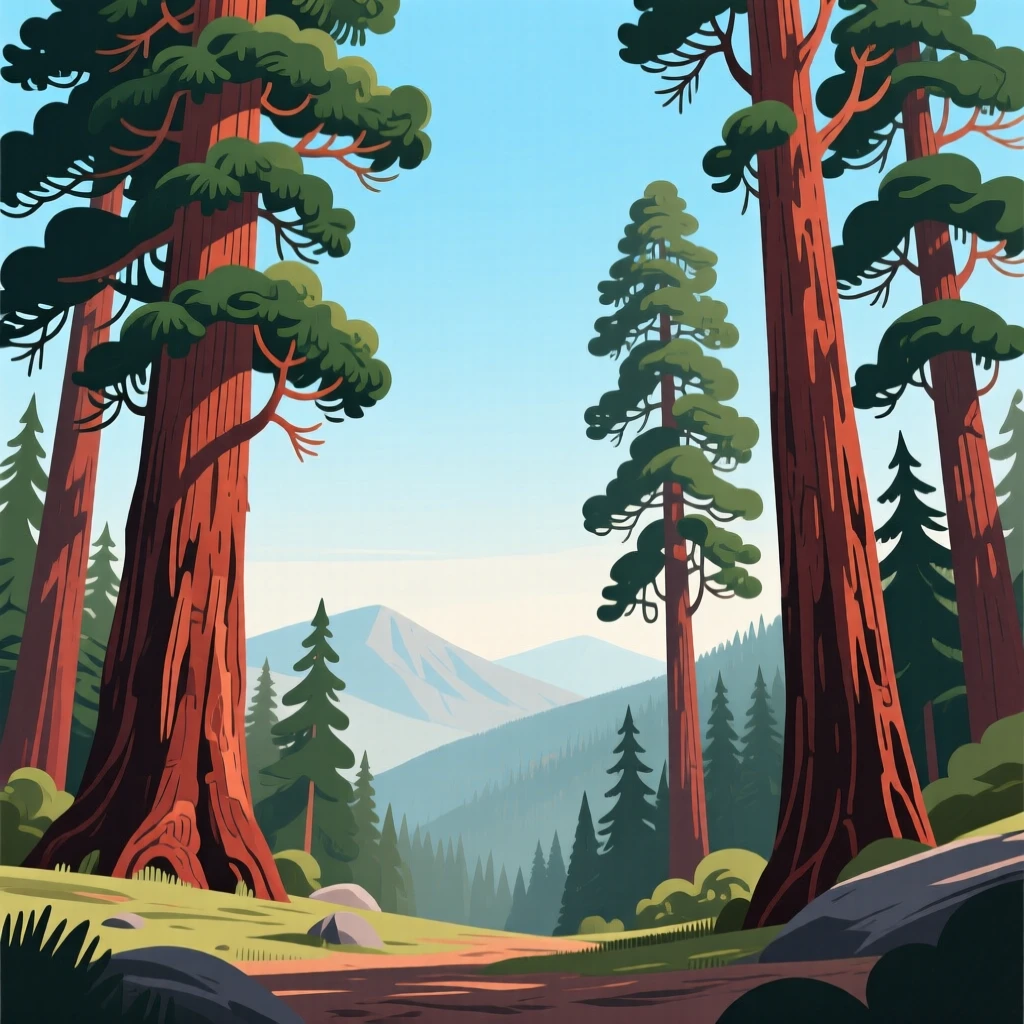 A grove of towering redwood trees reaching toward the sky, with distant mountains fading into a hazy horizon, framed with a wide sweeping panoramic view, with a fresh, crisp clarity that highlights every detail.