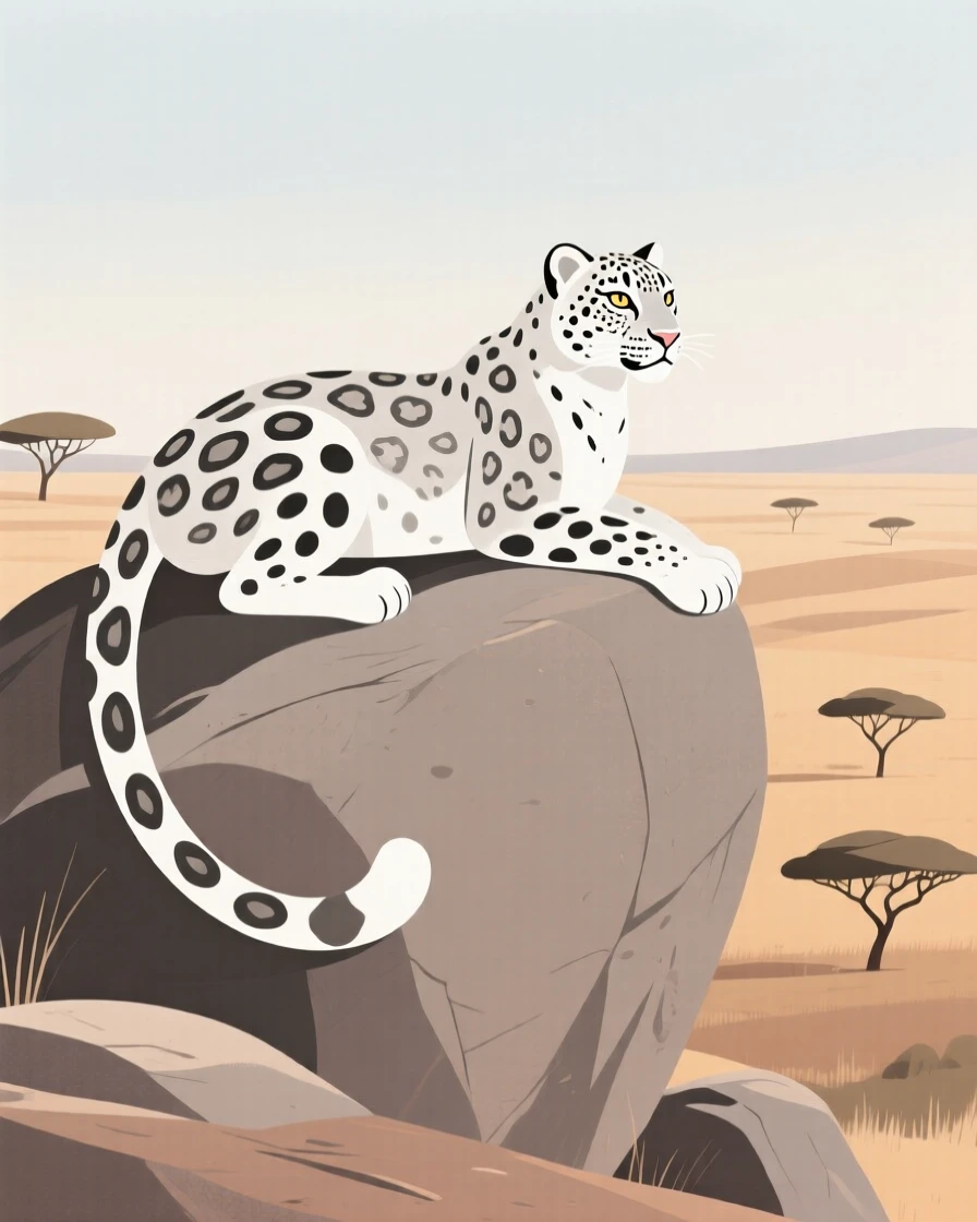A majestic snow leopard resting on a hillside boulder overlooking the savanna.
