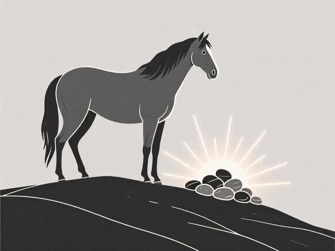A curious wild horse pausing in a mountain hillside, with a cluster of pebbles in the background, radiating protective warmth.