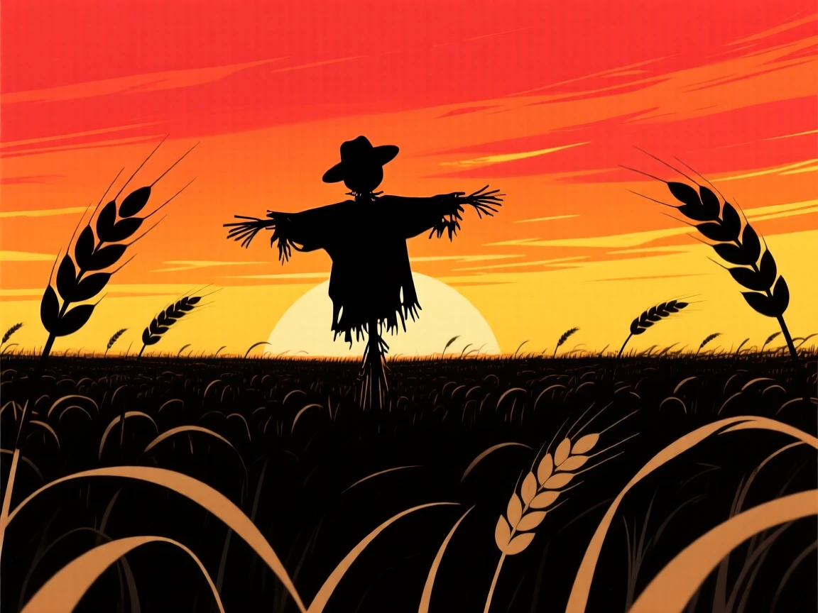 A vast wheat field with a lone scarecrow standing watch.