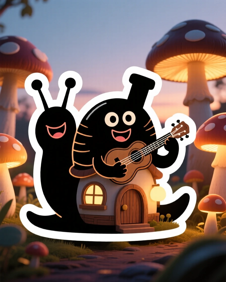 A giggling friendly snail with a shell house playing a miniature ukulele, among mushrooms glowing softly at dusk.