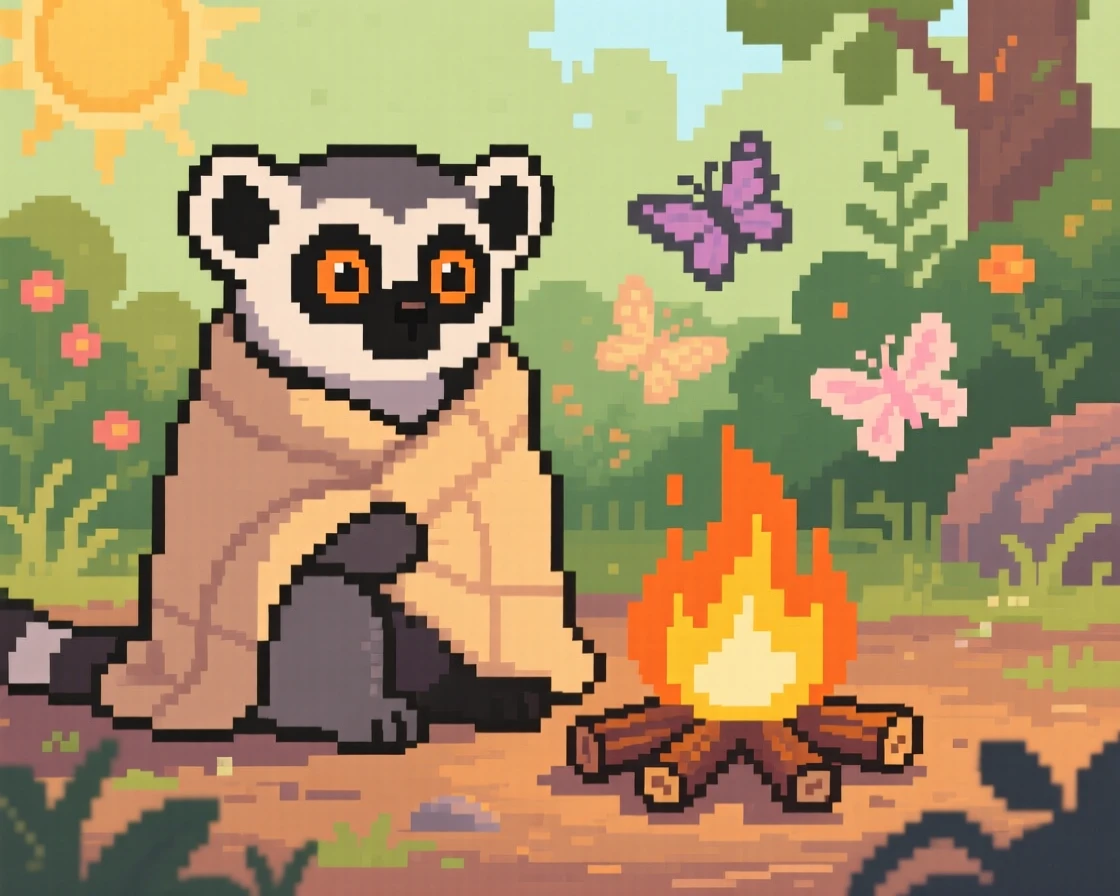 A wide-eyed lemur wrapped in a blanket by a campfire, in a sunlit garden with butterflies nearby.