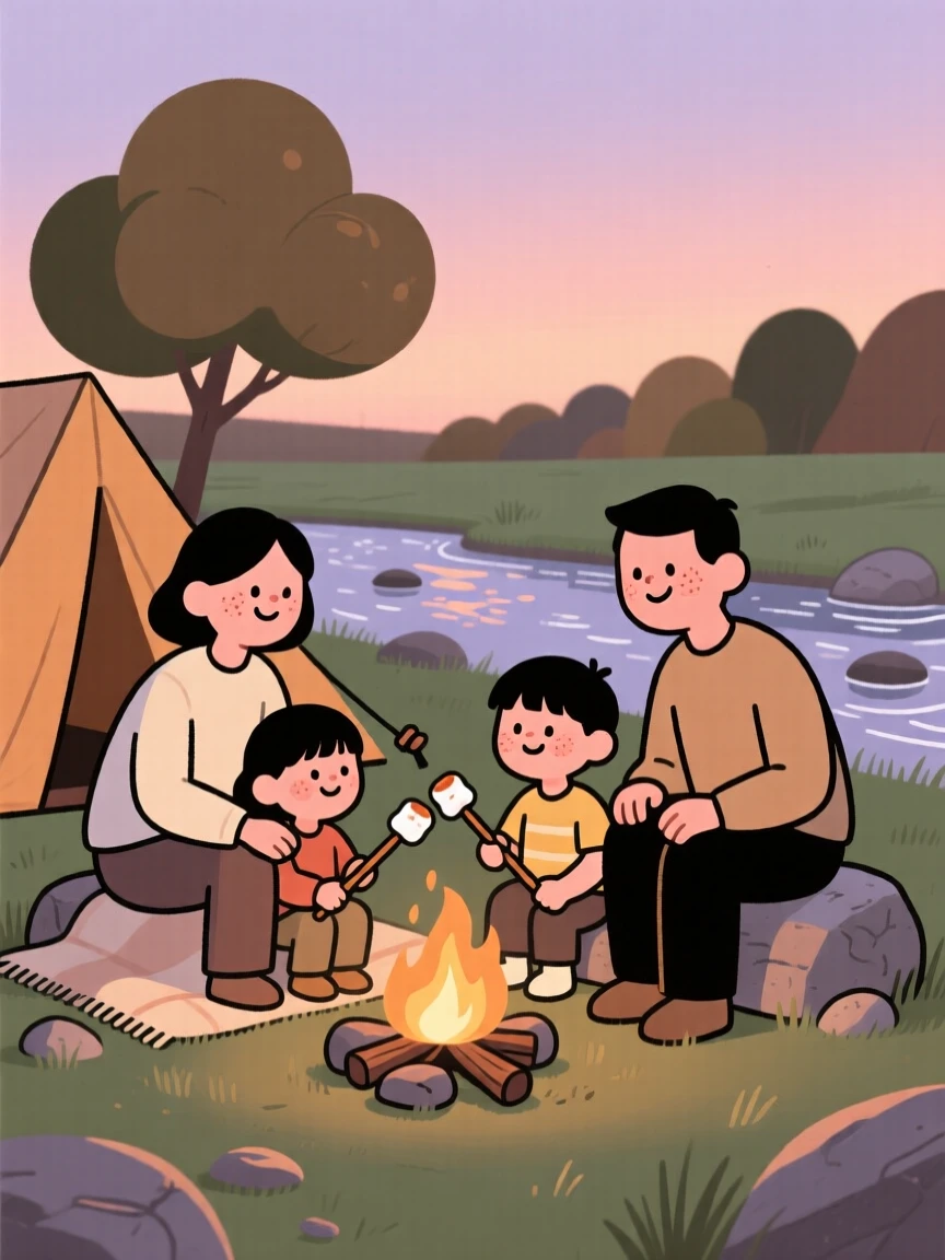 A family sets up camp beside a gentle stream as the evening glow fades behind the tree line, roasting marshmallows around a small fire.