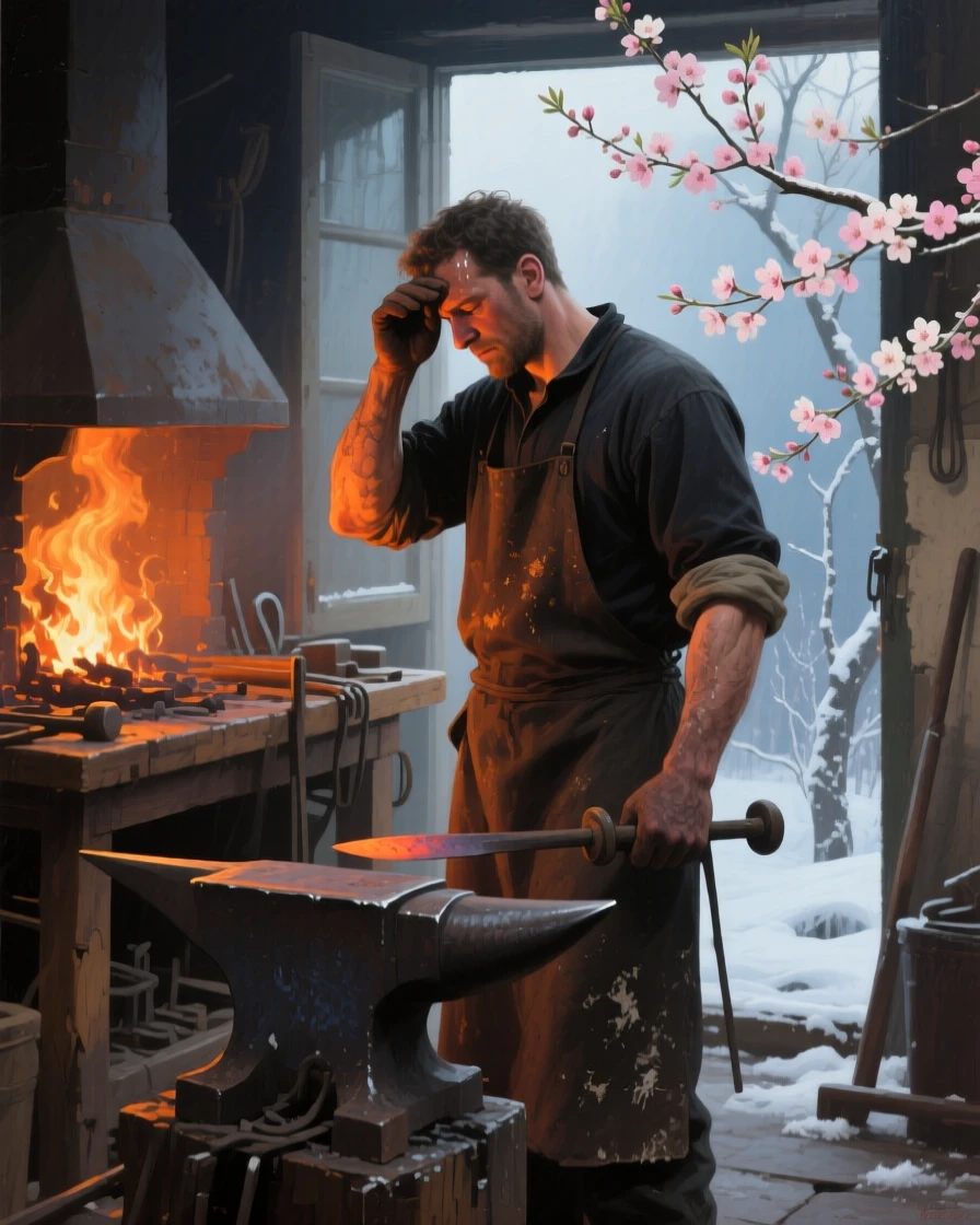 A balanced composition of a blacksmith wiping sweat from his brow beside a glowing forge, as spring blossoms open, beneath fresh fallen frost.