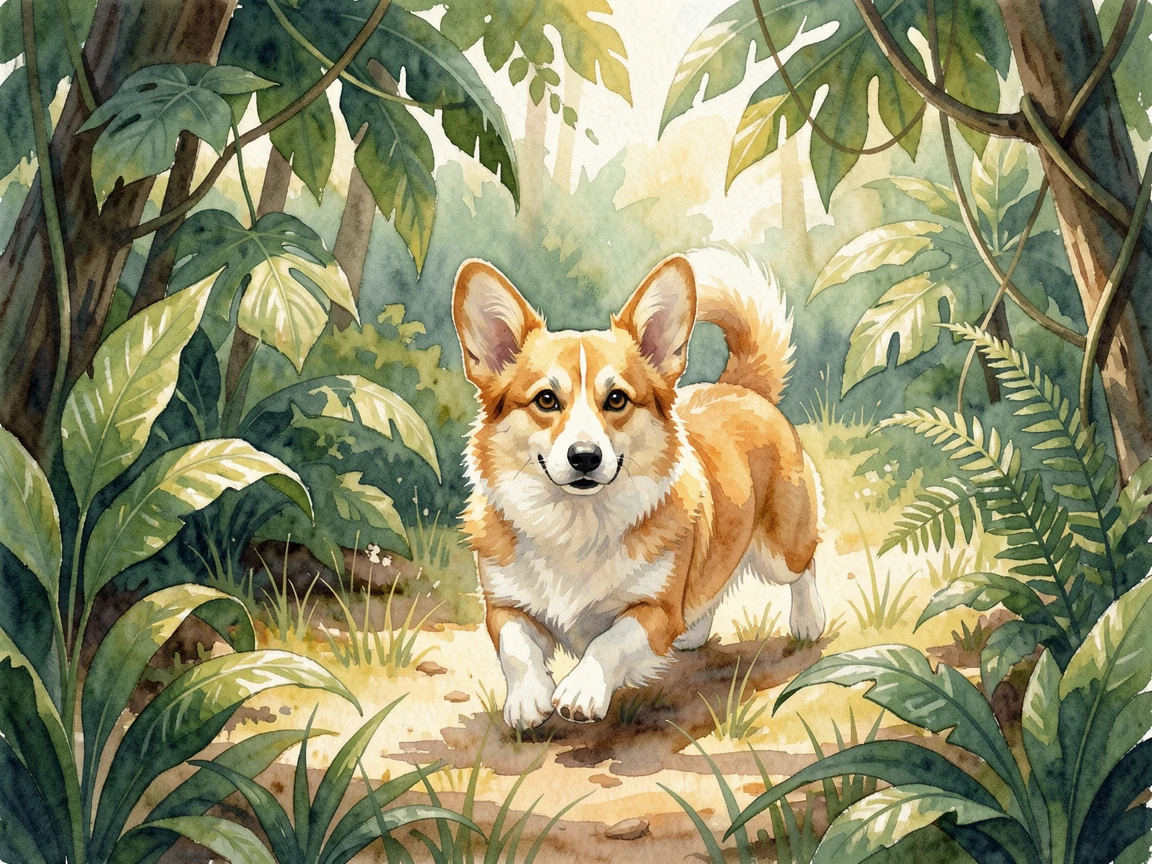 A corgi running through a meadow in a lush jungle clearing looking curiously at the viewer.