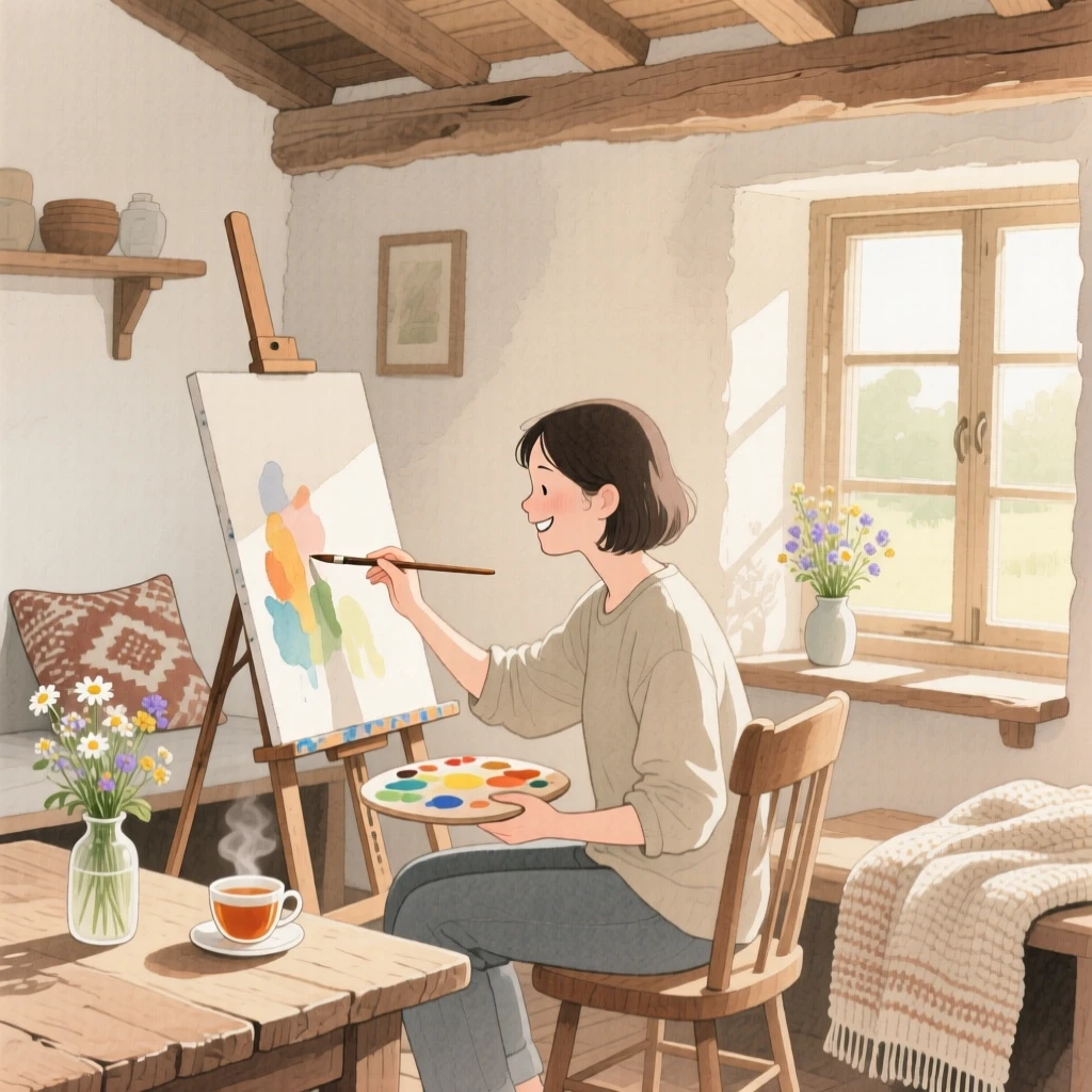 A peaceful scene of someone painting at an easel in a cozy countryside cottage, fully absorbed in a quiet, joyful moment