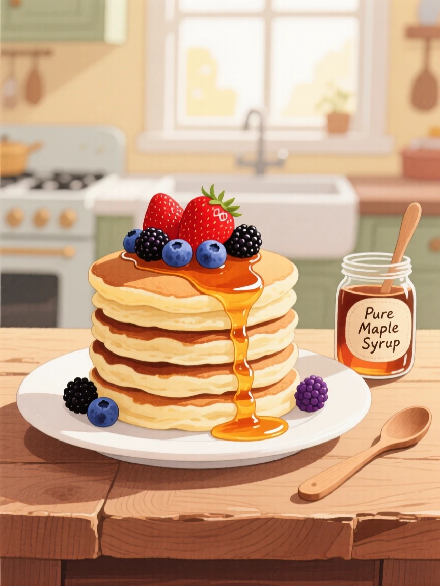 A cozy scene featuring a stack of fluffy pancakes topped with berries and syrup.