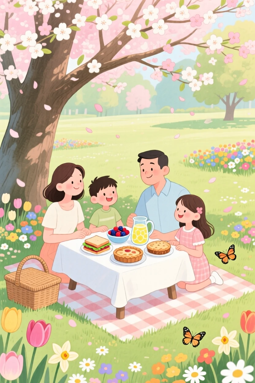 A family of four having a picnic under a blossoming tree, in a park bursting with spring blooms, with a table set with homemade treats, simple togetherness and gratitude.