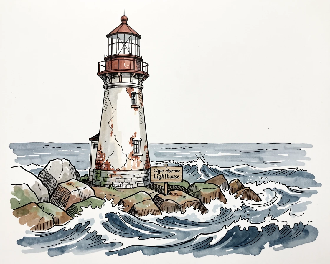 A weathered lighthouse standing watch over crashing waves on a rocky New England coastline