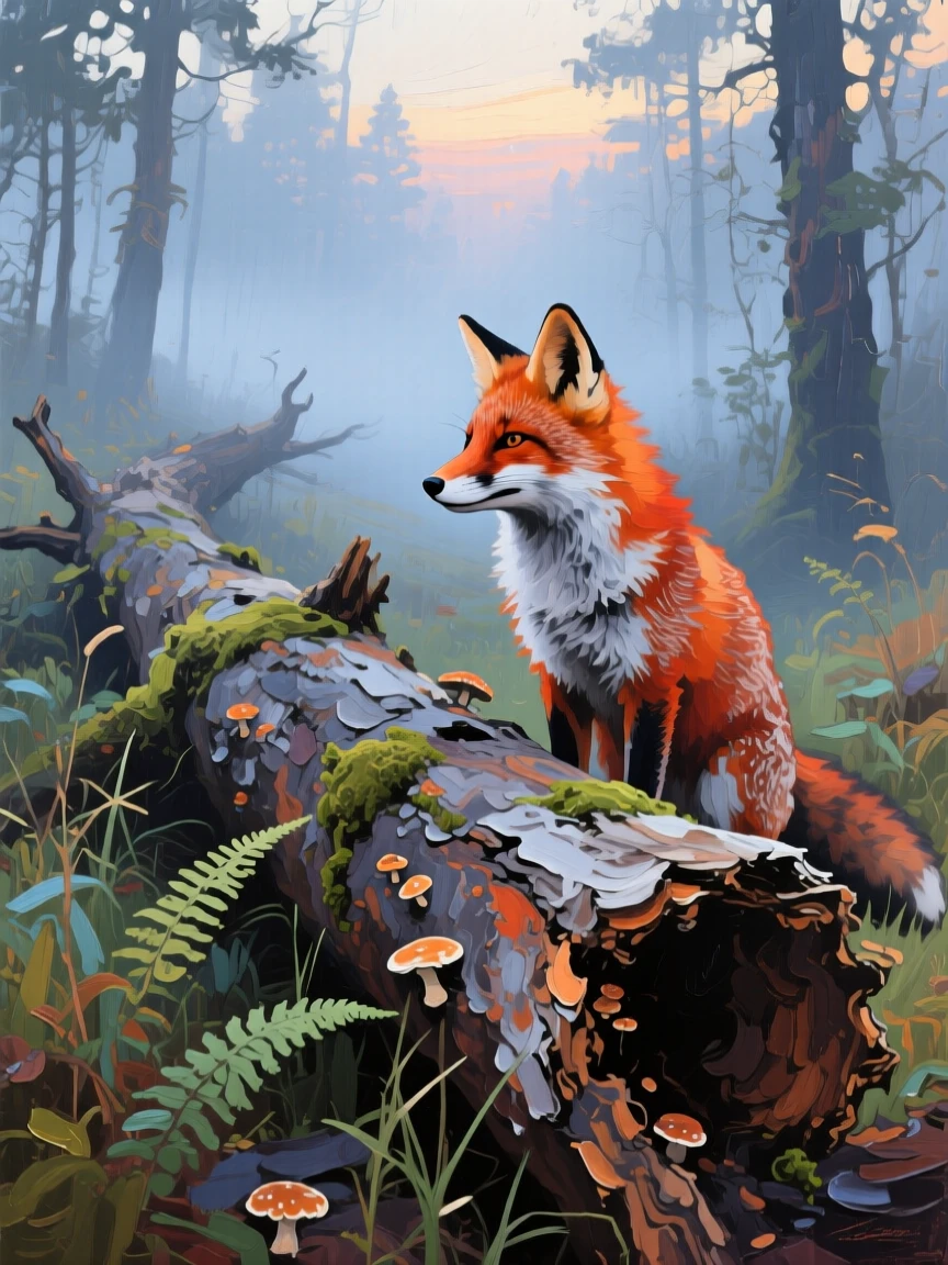 a fox watching from beside a fallen log, in early morning mist, composed along a natural leading line.