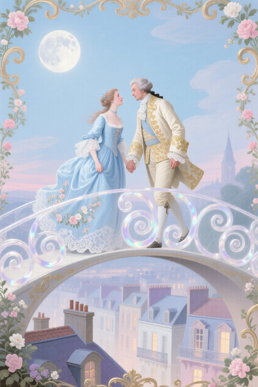 A pair of lovers crossing a bridge made of moonlight over a sleeping city  