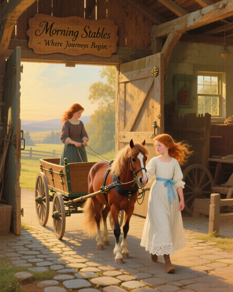A young girl and her pony pulls a carriage through a sunlit stable at morning as the wind streams through their manes.