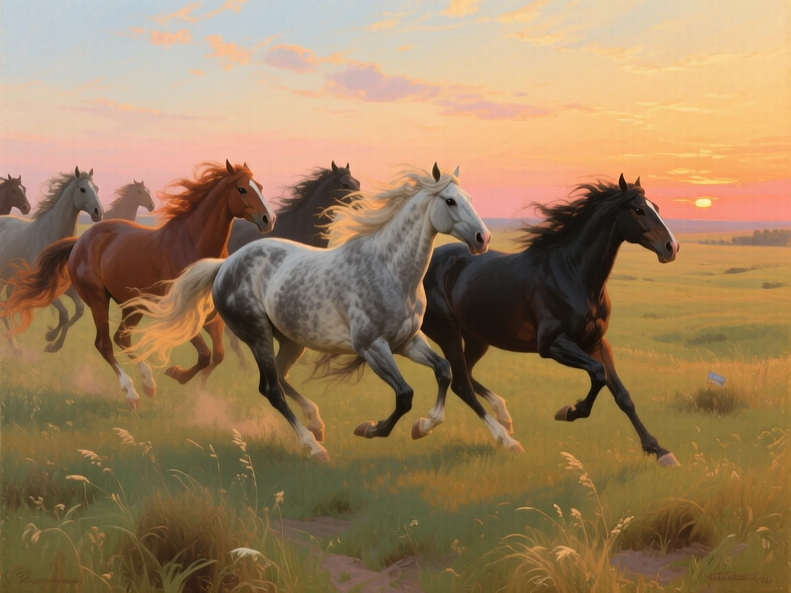 A herd of wild horses galloping across an open grassland at sunset, caught in a split-second of remarkable natural behavior, evoking deep respect for the power and grace of nature