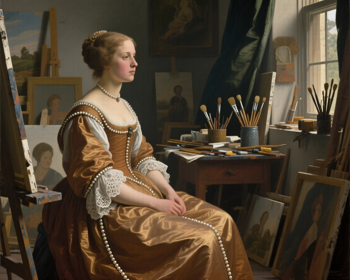 A young noblewoman in a pearl-trimmed gown, gazing thoughtfully out a window captured in a quiet, introspective moment, set in an artist's cluttered studio strewn with canvases, with soft light tracing the folds of fine fabric and delicate lace; the pose is turned gently off-center for a natural, candid feel, suggesting a private world just glimpsed by the viewer.