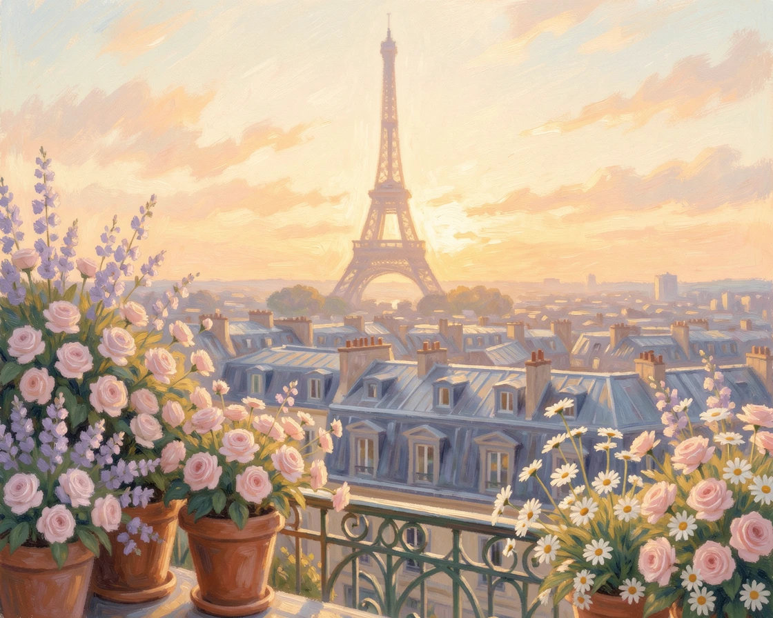 The Eiffel Tower rising above a sea of Parisian rooftops at golden hour, seen from a flower-filled balcony.