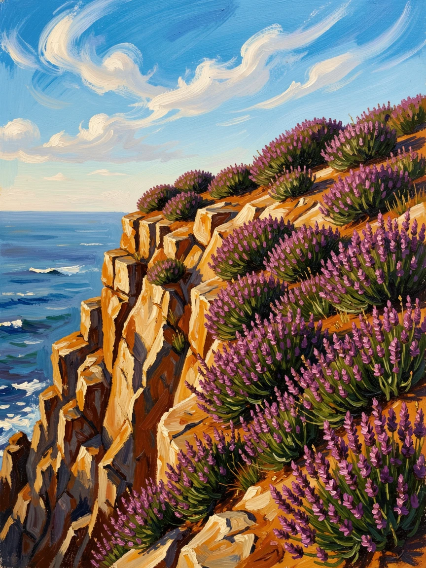 A coastal cliff covered in wild thyme, the scent carried on a warm summer breeze.