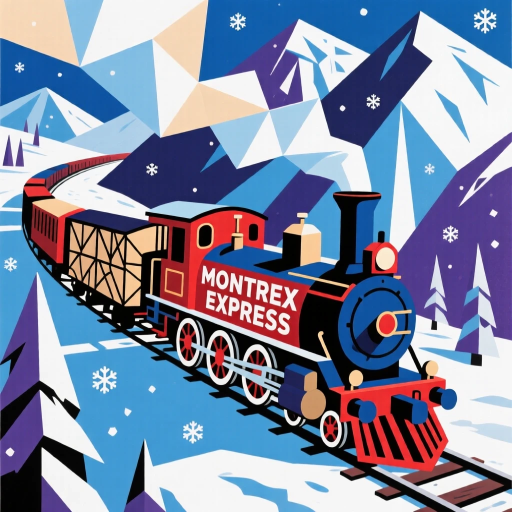 A nostalgic scene featuring a classic steam train winding through a snowy mountain pass.
