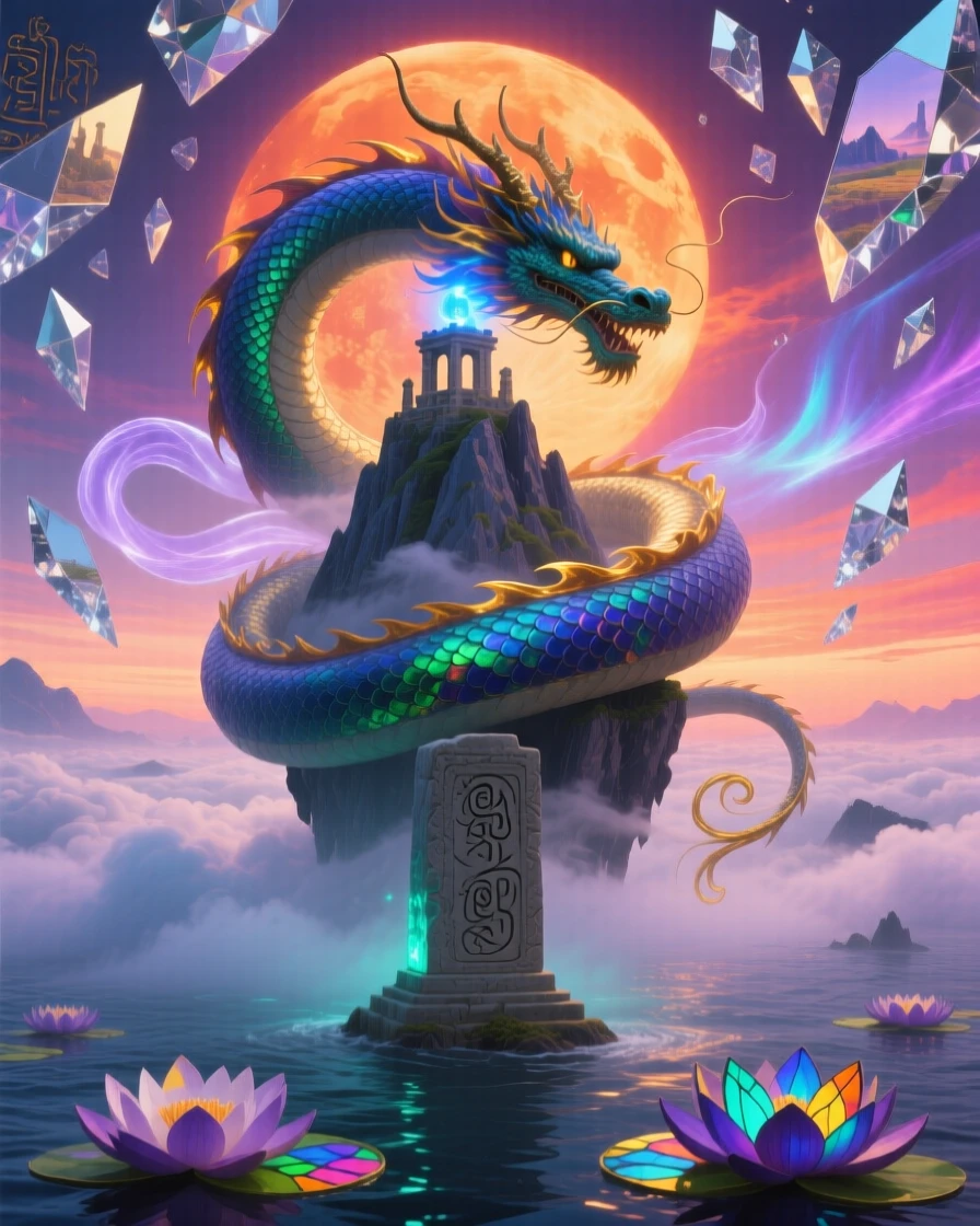 A dragon curled asleep around a floating mountain peak rests beneath the light of a slow, setting sun, while wisps of light curl gently around its form.