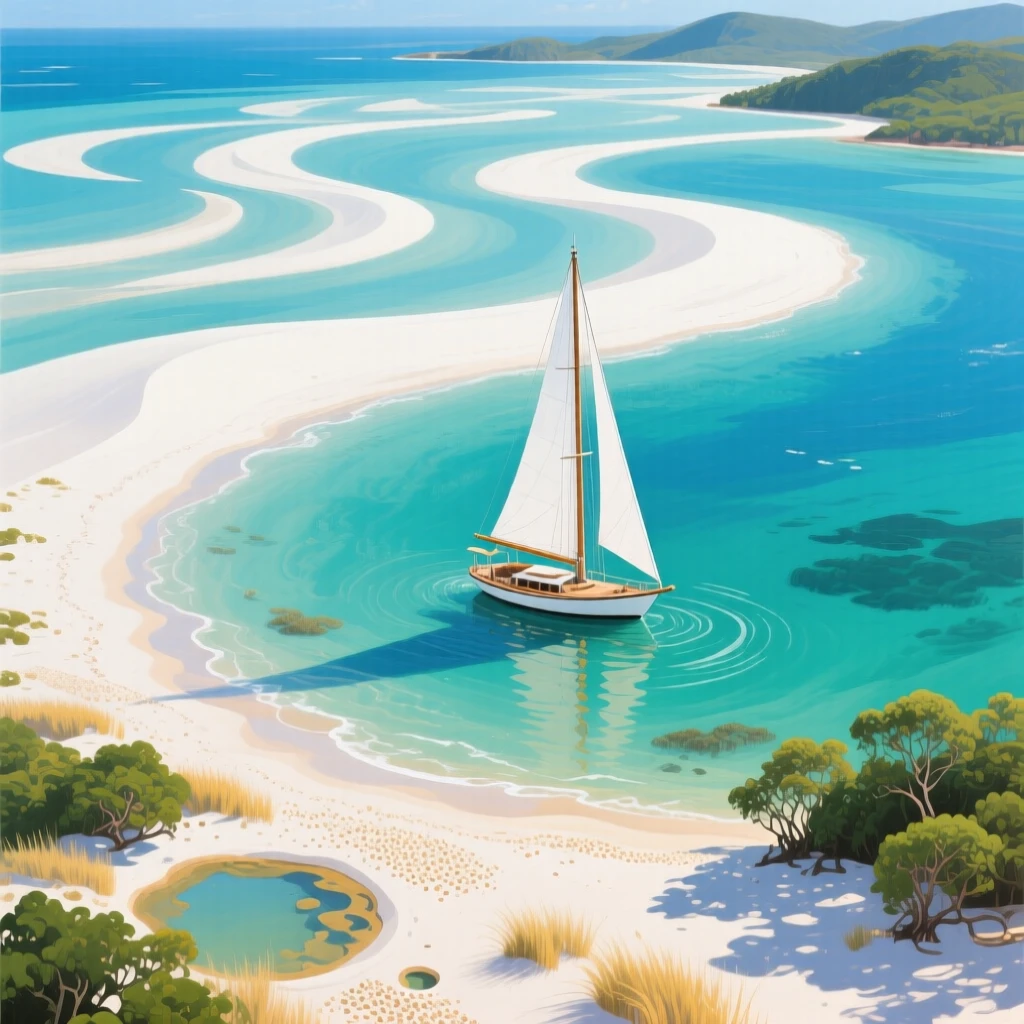 A dramatic aerial view of the Whitsunday Islands shows swirling white silica sand meeting turquoise ocean in perfect natural patterns, a sailboat anchored nearby, the composition balancing a wide sweeping view with intimate, carefully observed foreground detail.