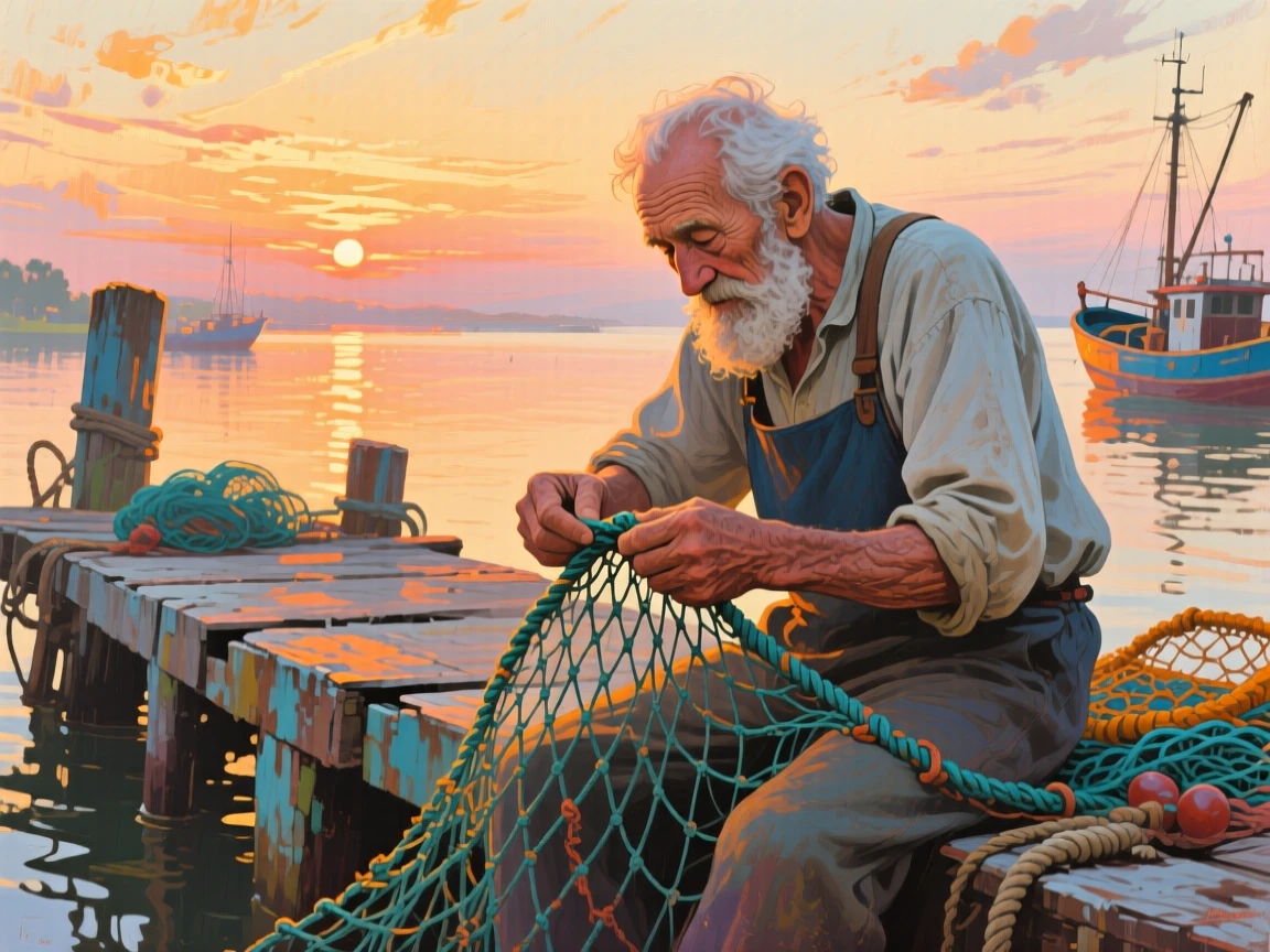 An elderly fisherman mending his nets on a weathered dock at sunrise, decades of stories etched into his face