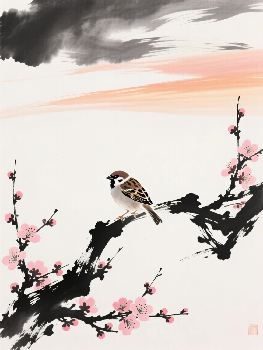 A small sparrow perches on a blossoming branch, beneath a sky streaked with the colors of dawn.