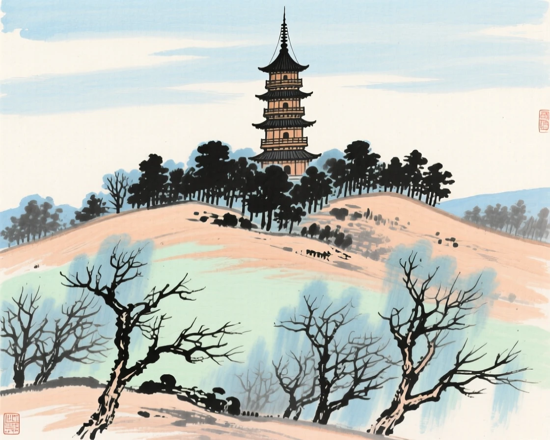 A pagoda rising above the tree line on a distant hill, in the mild days of early winter, at midday, brimming with peaceful contentment.