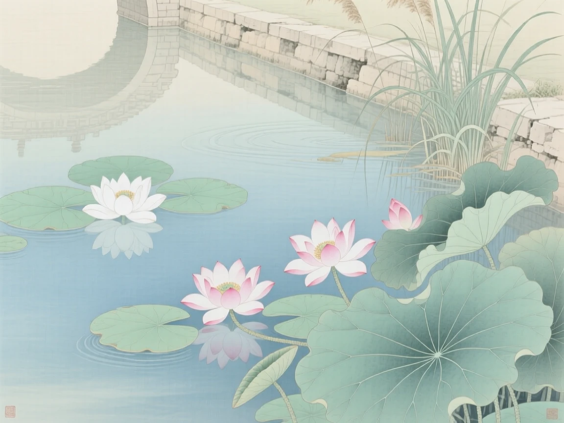 Water lilies floating on a quiet pool beside a slow-moving canal