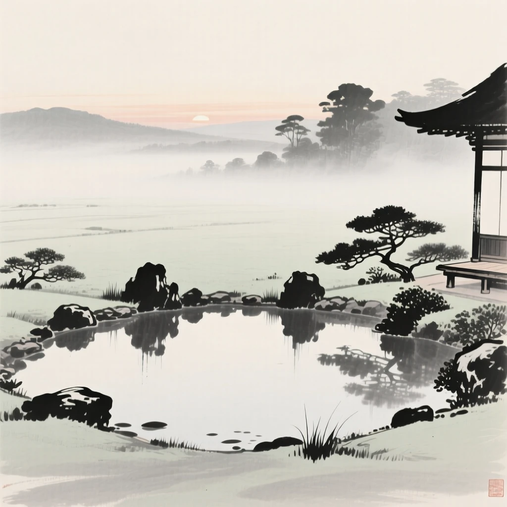 A traditional garden with a still reflecting pool surrounded by drifting mist at dawn, captured from a distance, small against a vast landscape, capturing a serene blend of nature and human presence.